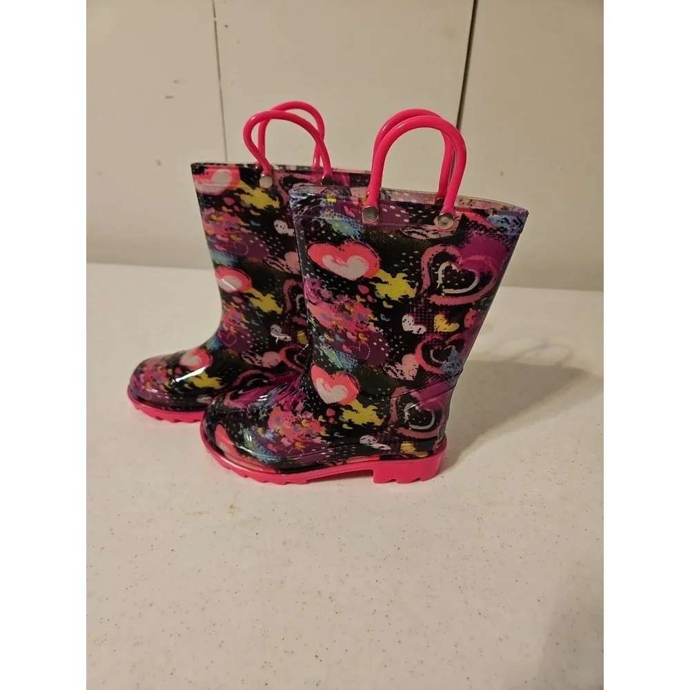 Little Girl's Pink Rain Boots Colorful Heart Girls Size 9 New